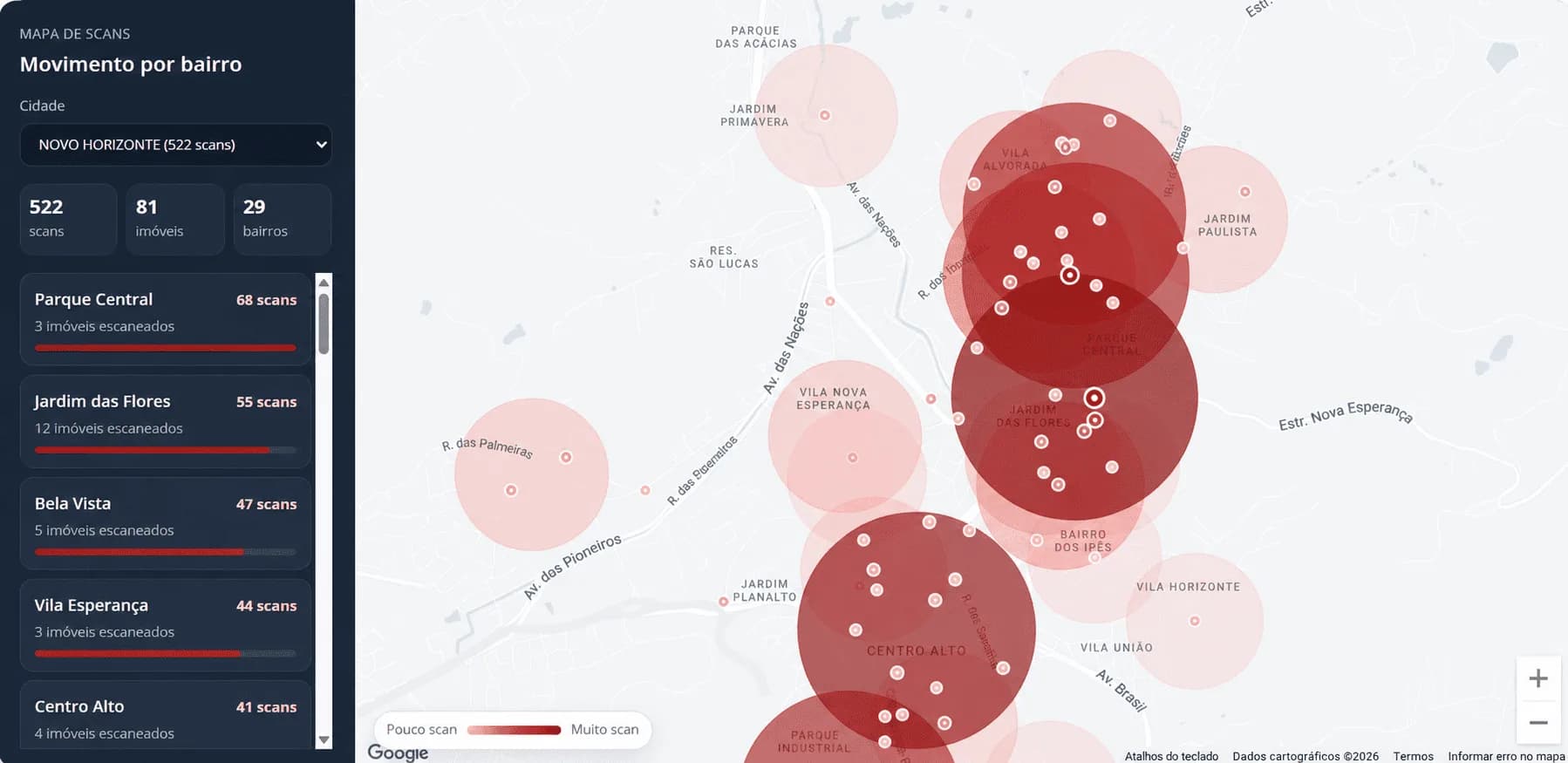 Mapa de scans do imobscan com concentração geográfica de interesse por bairro